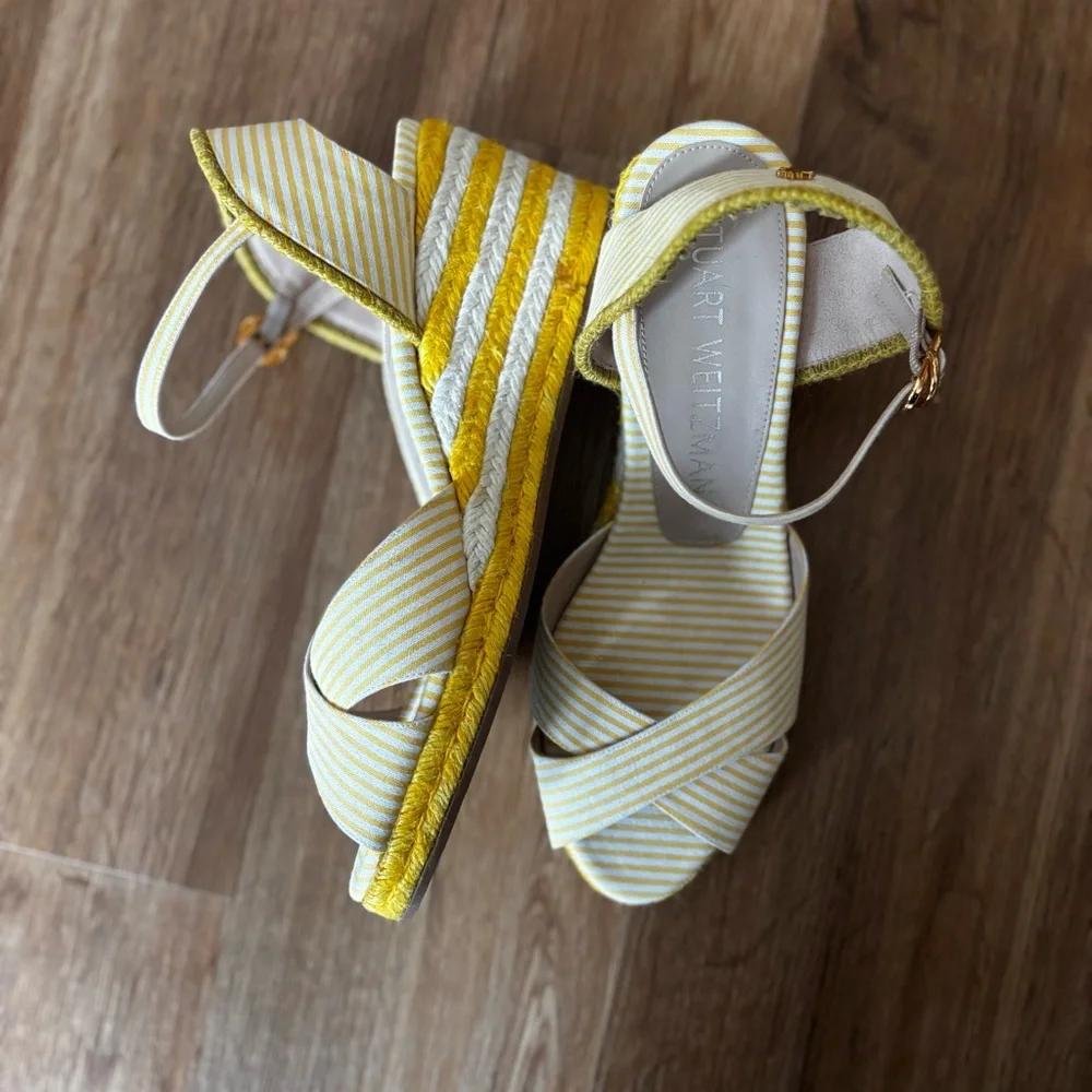 Stuart Weitzman Yellow and White Striped Espadrille Wedge Sandals Mirela - Picture 2 of 12
